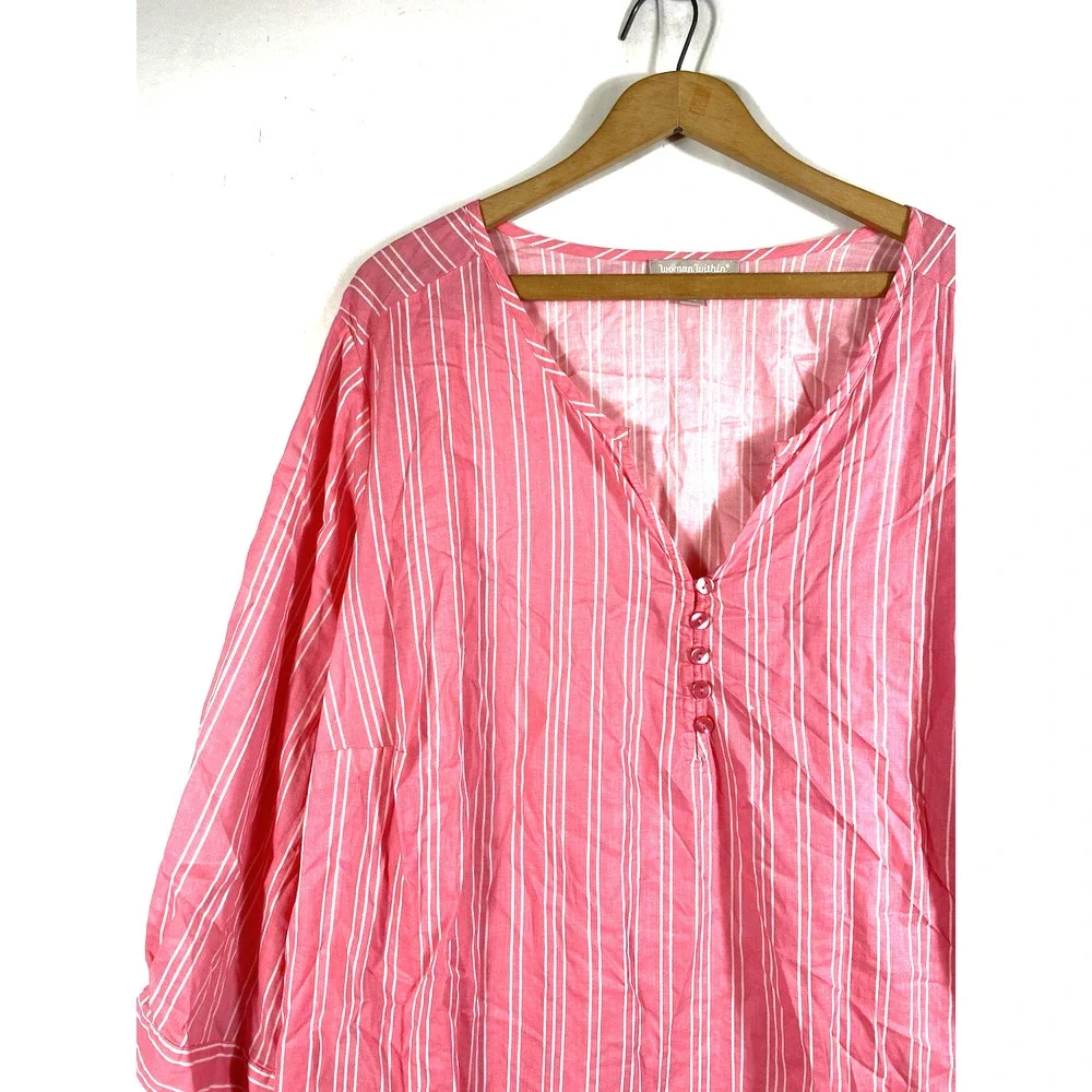 Woman Within Tunic Top 2X 26/28 Pink White French Ticking Stripe Preppy Coastal - Picture 3 of 11